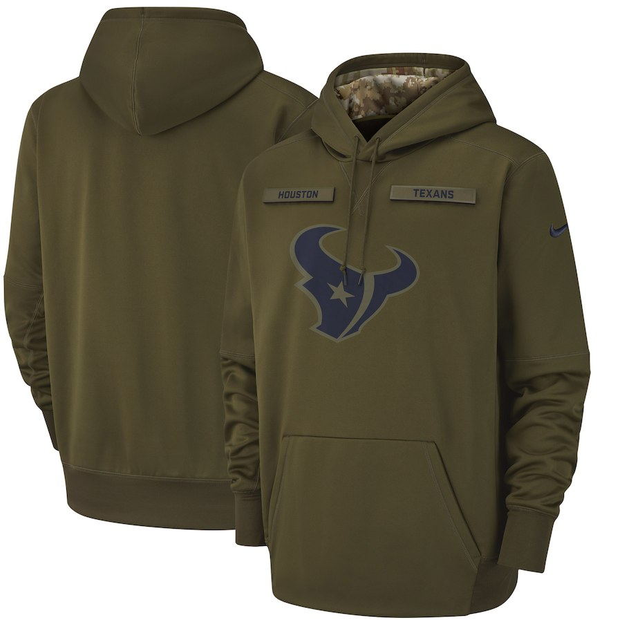 Men's Houston Texans Olive Salute to Service Sideline Therma Performance Pullover NFL Hoodie - Click Image to Close